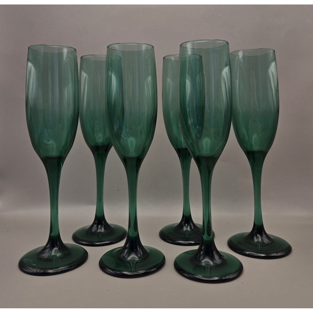 Libbey Champagne Juniper Teal Green Fluted Glasses 8.75" Tall 1980 (Box)